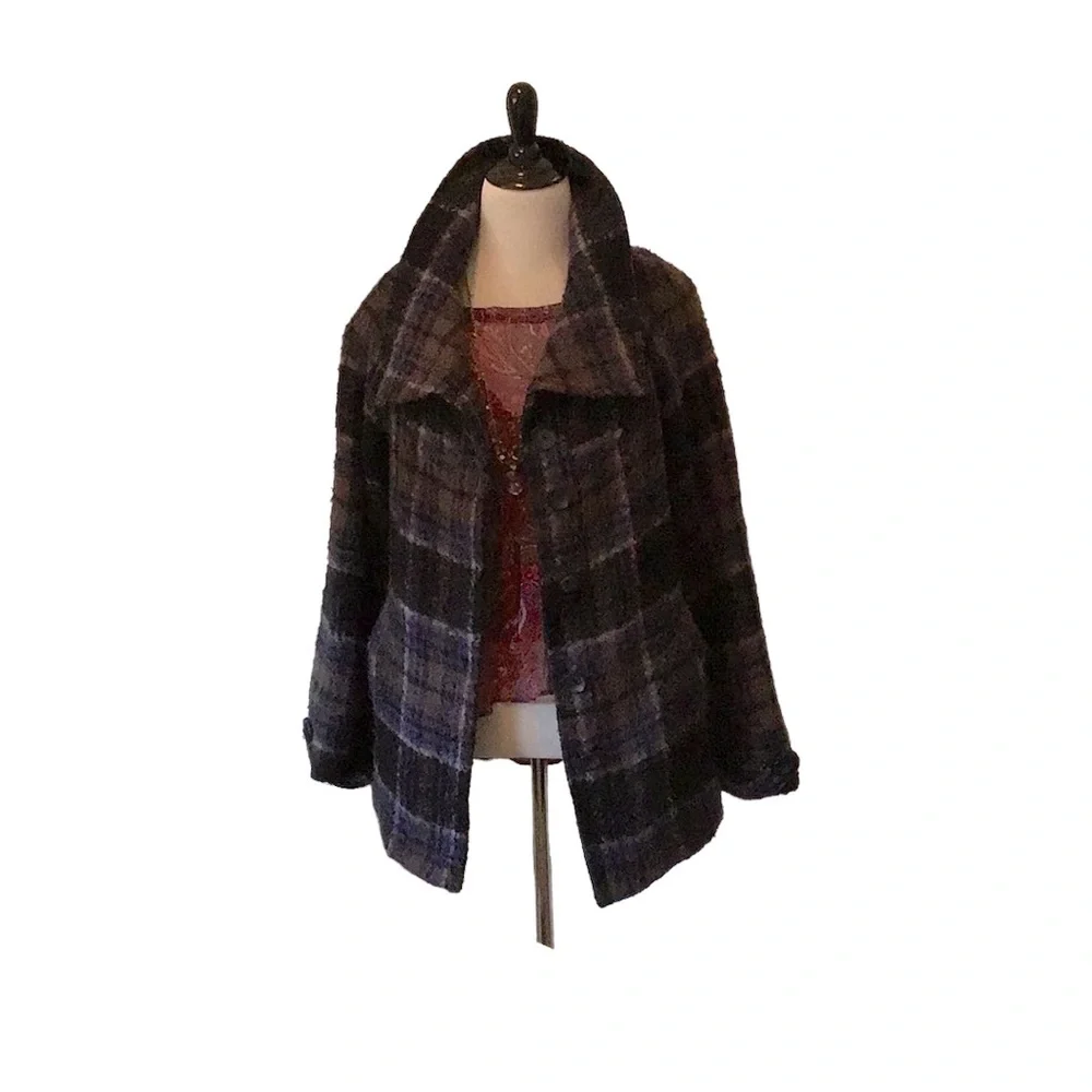 FREE PEOPLE Brushed Wool Fuzzy  Plaid Coat Blue Purple Medium
